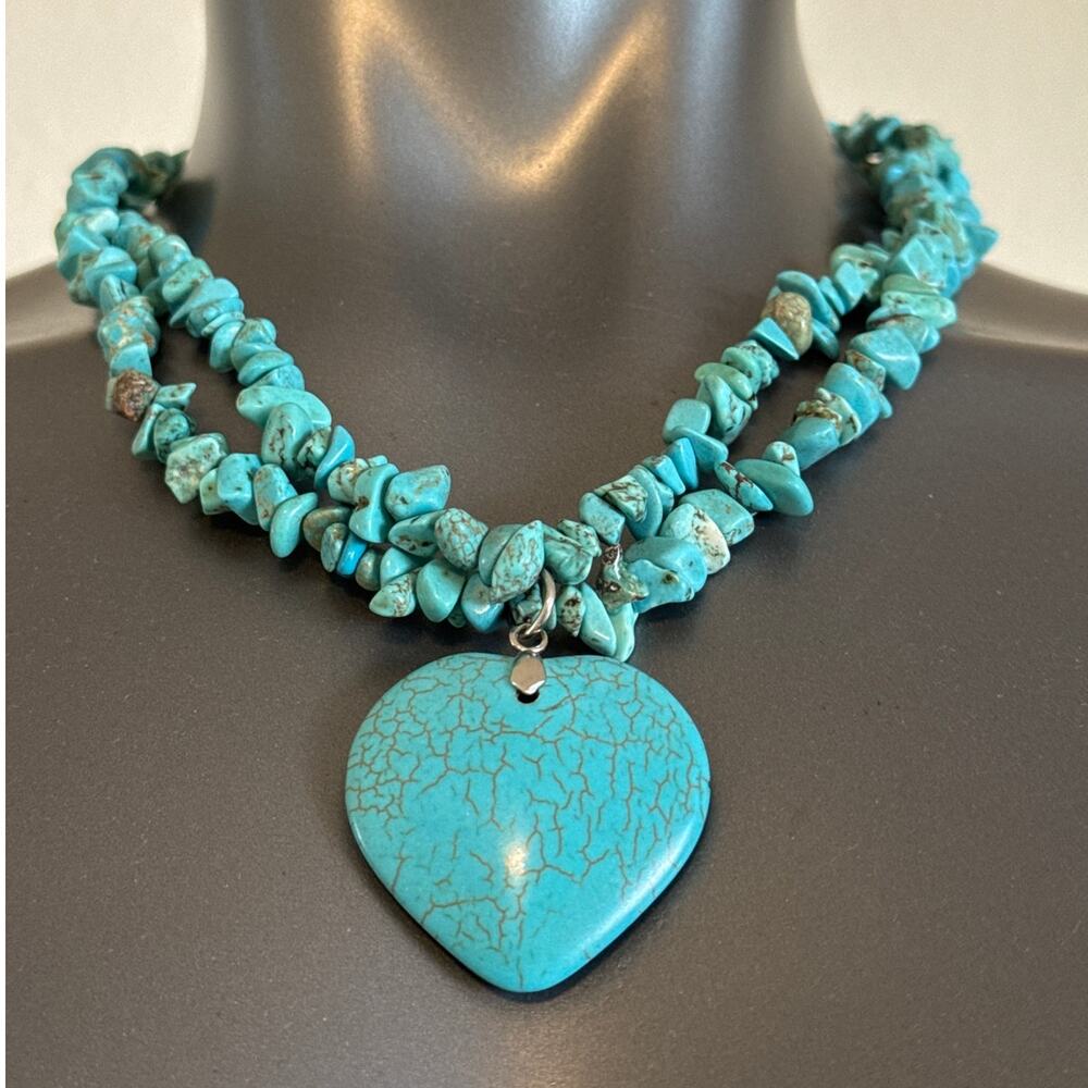 Turquoise Necklace 2 Strands Natural Stones Faux Turquoise Heart & Bracelet